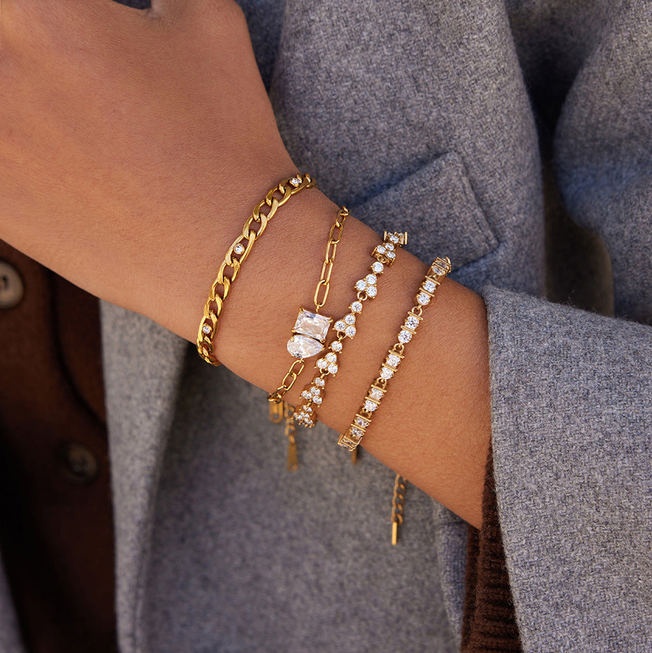 Layered Bracelets – Crystal, Heart & Teardrop Pendant Cuban Chain