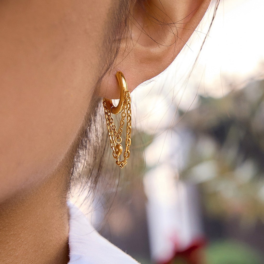 Gold - Plated Hoop Earrings with Chain and CZ Pendant