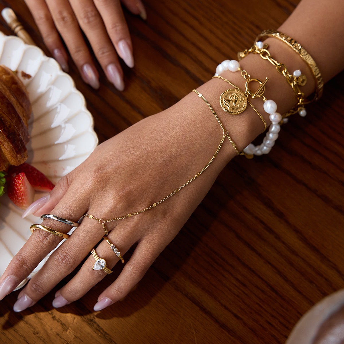 Vintage-Inspired Gold Layered Bracelet, Pearl & Engraved Cuff with Ring Set