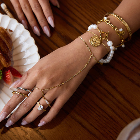 Vintage-Inspired Gold Layered Bracelet, Pearl & Engraved Cuff with Ring Set