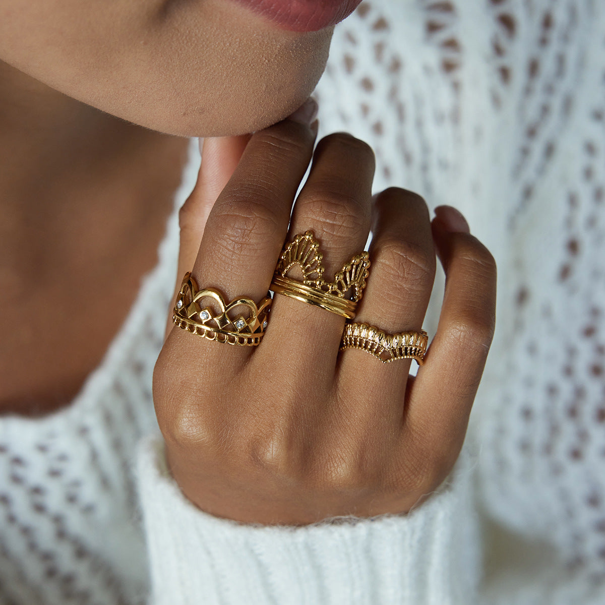 Vintage Stackable Rings – Baroque Crown, Pearl & Lace Design, Statement Finger Rings for Women