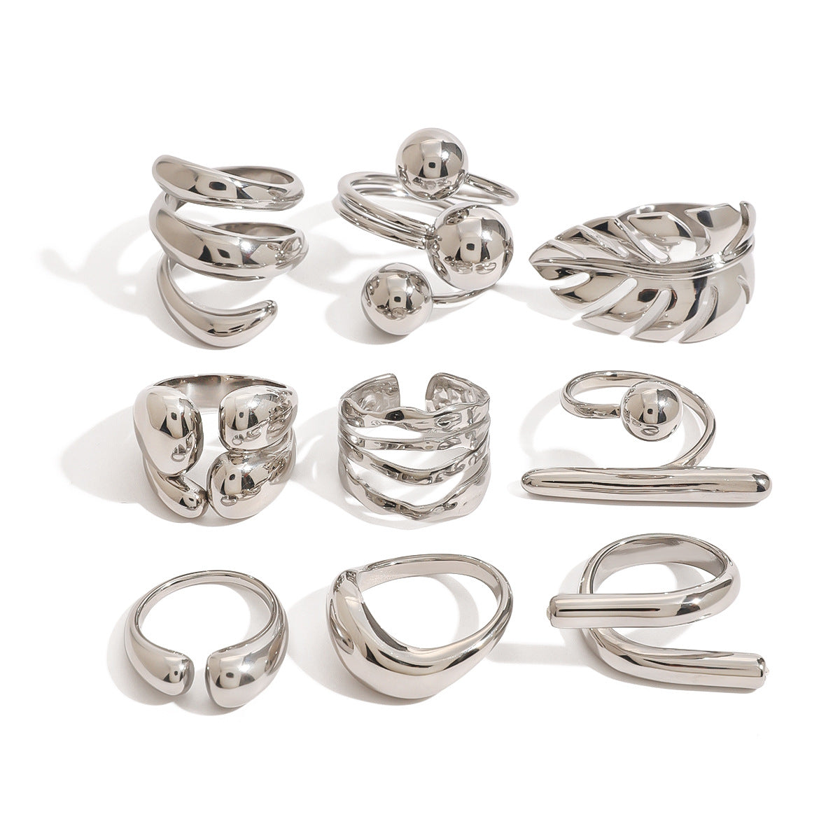 Silver Statement Rings Set – Sculptural Leaf, Stackable Bands & Joint Ring for Women