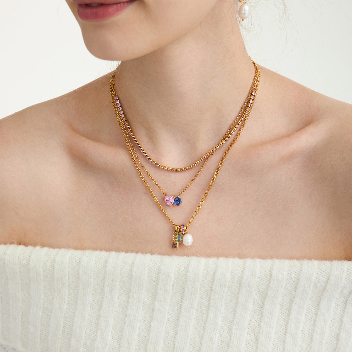 Gold - Plated Choker Necklace with Colorful Charms and Pearl