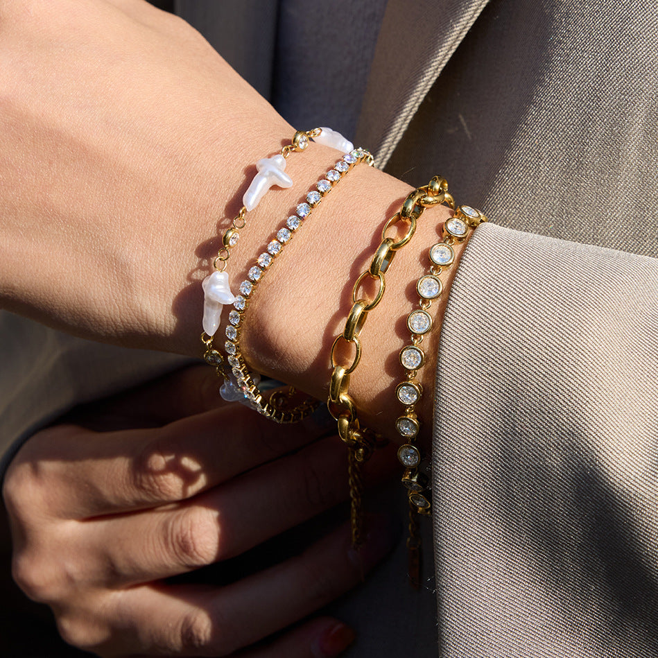 Layered Pearl and CZ Bracelet Set - Gold - Tone Jewelry for Women