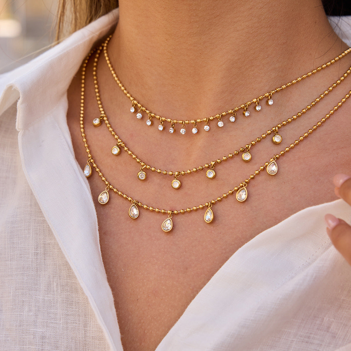 Dainty Gold - Filled Choker Necklace with Sparkling Cubic Zirconia Pendants