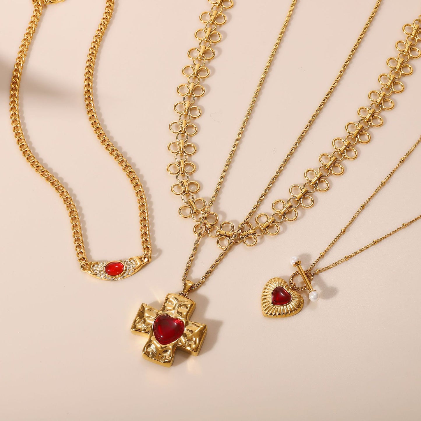 Titanium Steel Crucifix Necklace with Red Agate Inlay