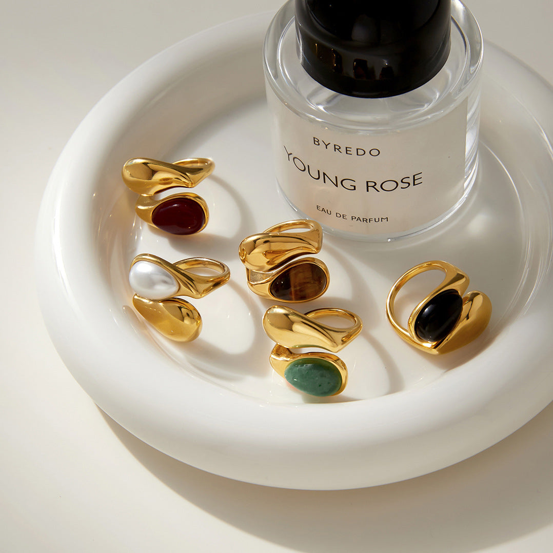 Asymmetric Two-Stone Ring – Green Jade, Mother-of-Pearl Ring for Women