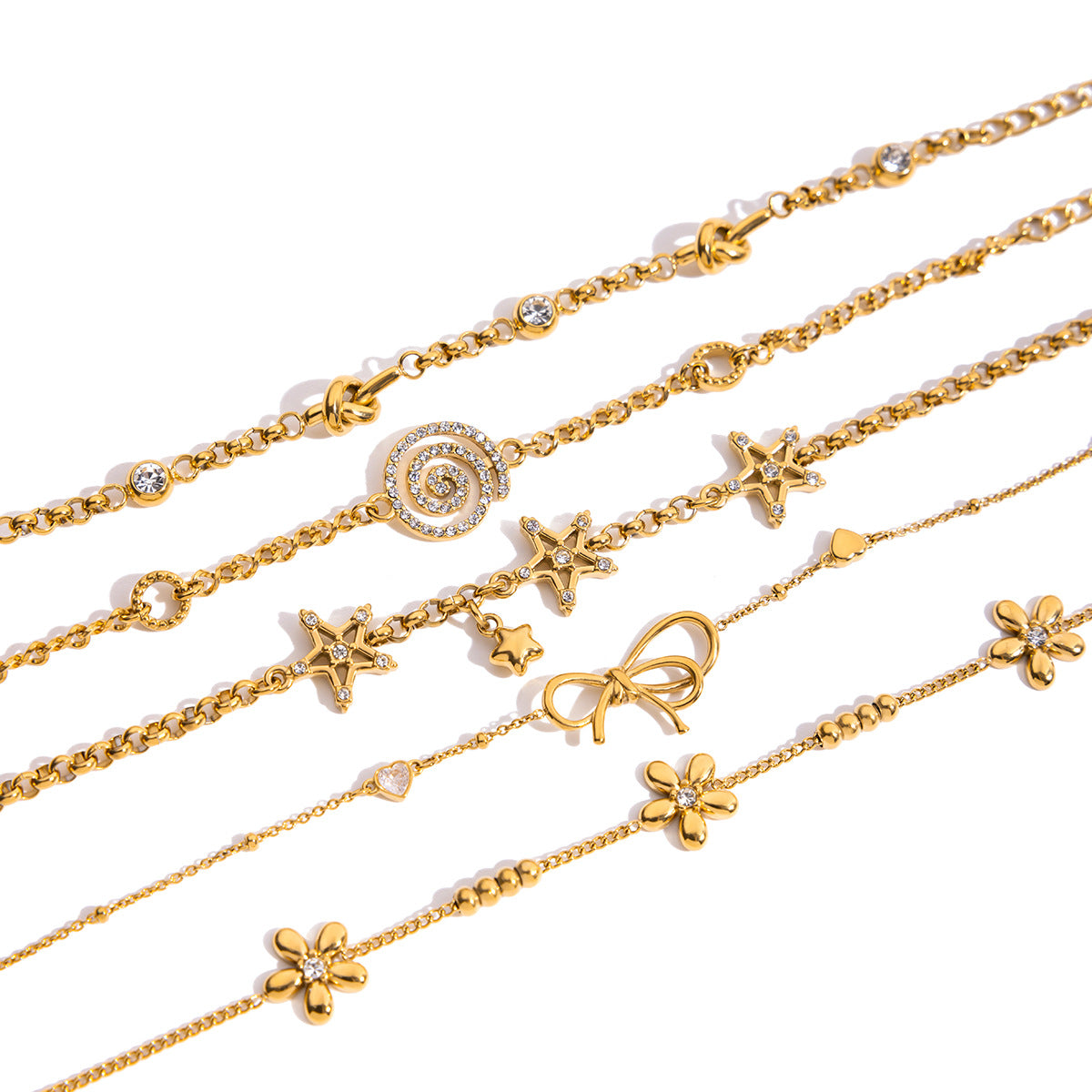 Layered Chain Bracelet Set – Spiral Diamond Pendant, Flower, Bow & Star Charms for Women