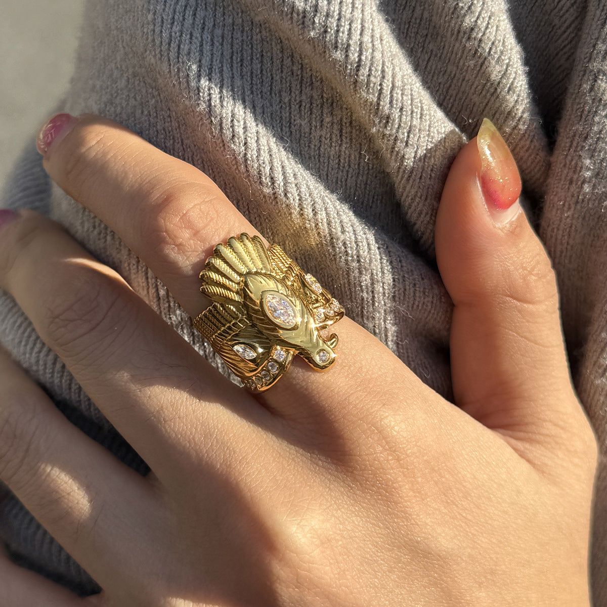 Eagle Wing Ring – Wide Band Statement Ring with Oval Gemstone for Women