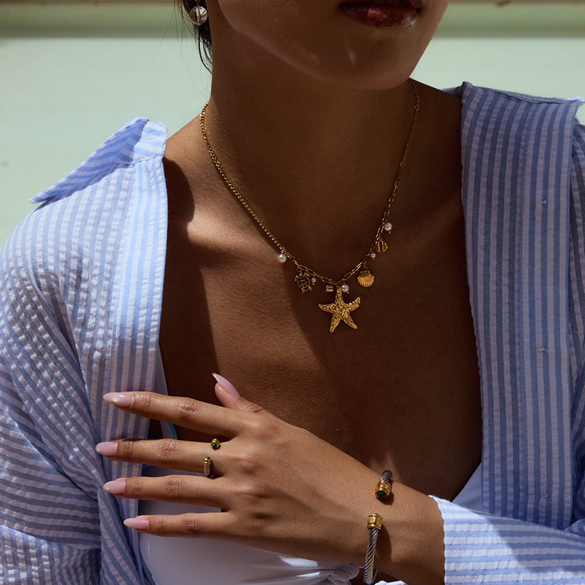 Gold - Plated Starfish Necklace with Turtle, Shell and Pearl Charms