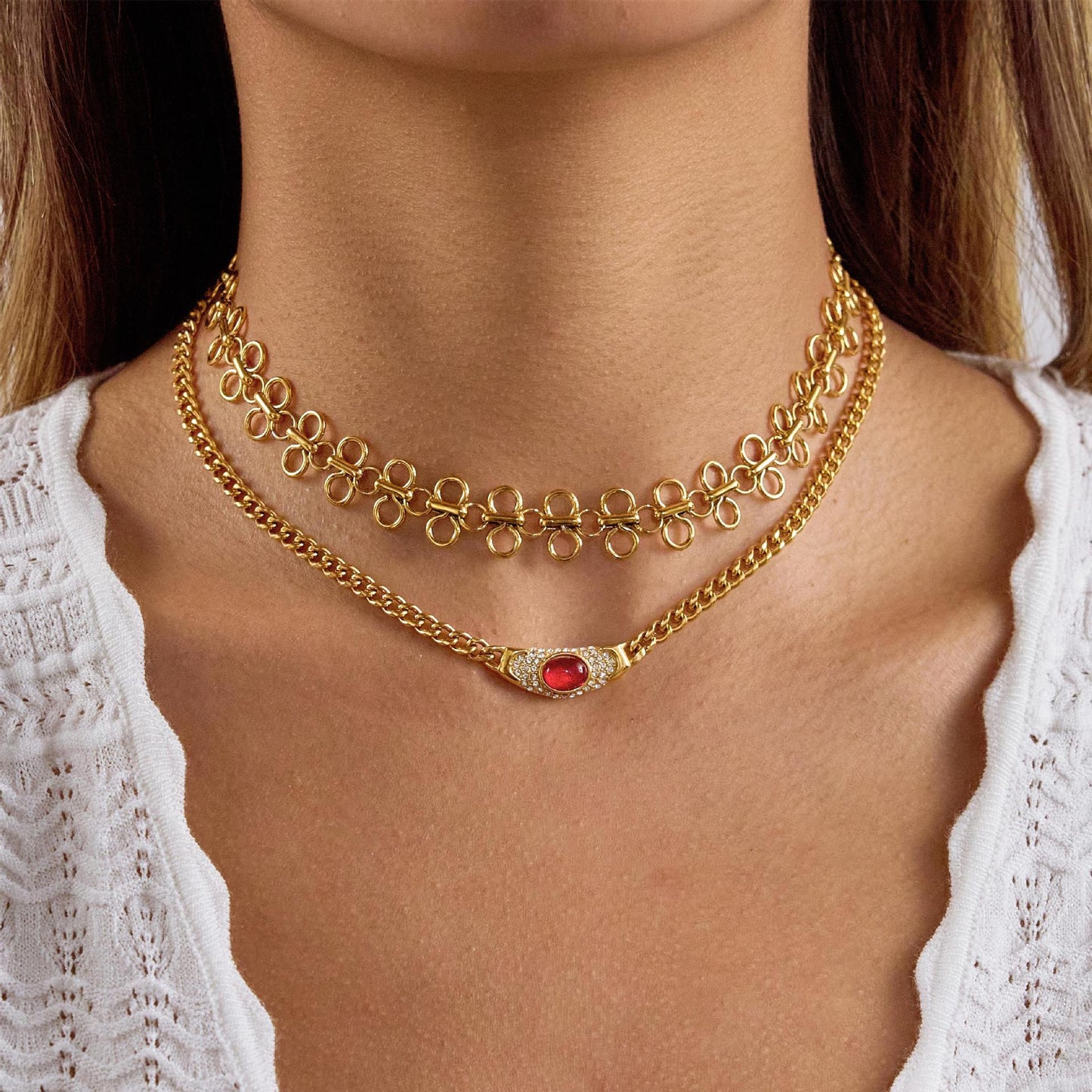 Titanium Steel Crucifix Necklace with Red Agate Inlay