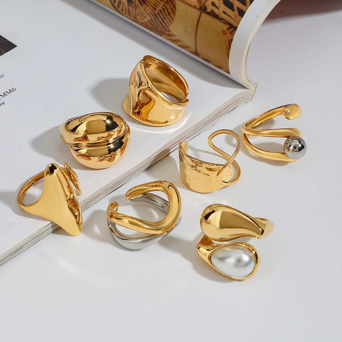 Organic Textured Gold Rings – Pearl & Metal Ball Statement Ring Set for Women