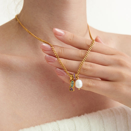 Gold - Plated Choker Necklace with Colorful Charms and Pearl