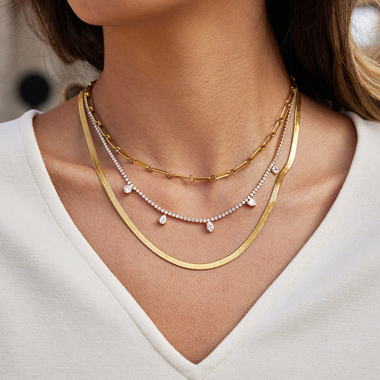 Layered Gold - Tone Necklaces with Crystal Drops