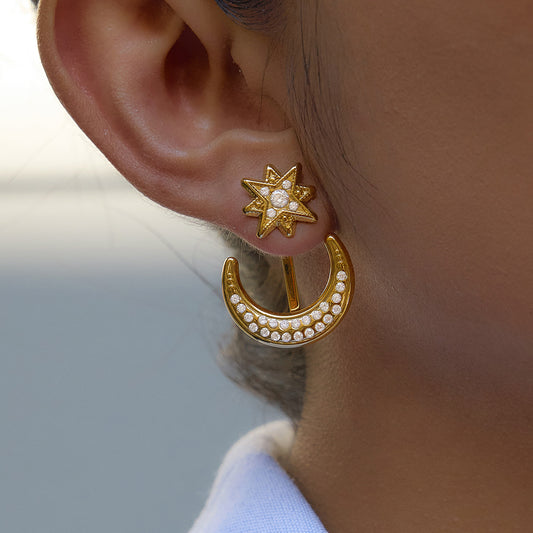 Gold Star - Moon Stud Earrings with Dazzling Crystals