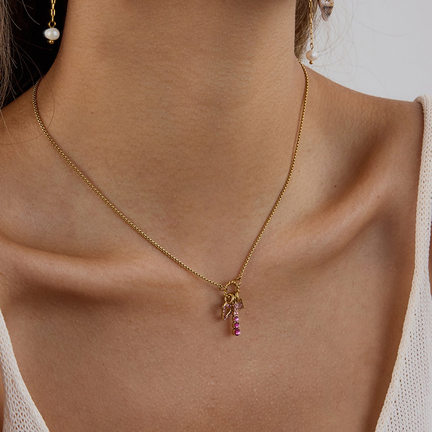 Gold - plated Necklace with Pink Gemstone Charms