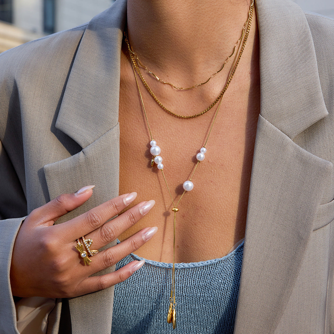 Elegant Pearl and Gold - Tone Y - Necklace for Women