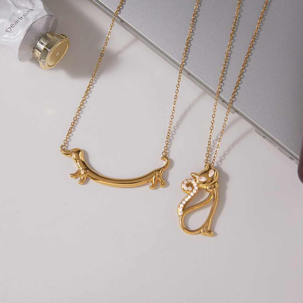 Layered Stainless Steel Necklaces with Dachshund Pendant and Crystal Accents