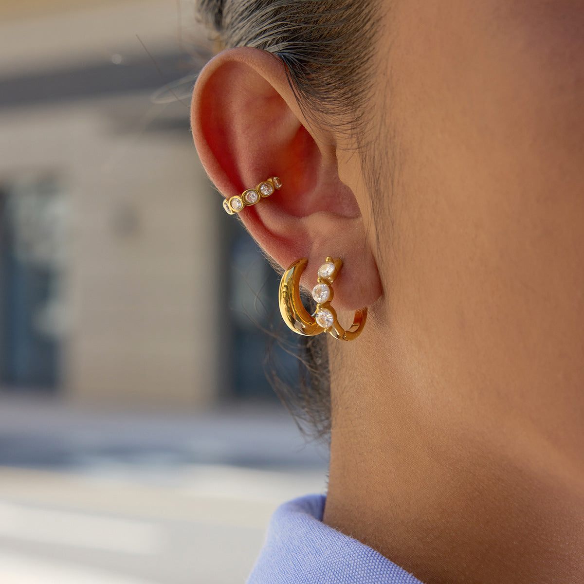 Gold - Plated Triple - Stone Hoop Earrings with Stud
