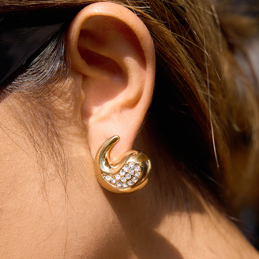Elegant Curved - Shaped Gold Earrings with Crystal Embellishments