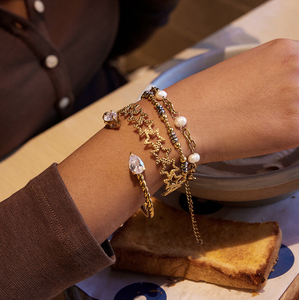 Vintage Gold Layered Bracelet Set – Water Drop, Star & Bead Chains