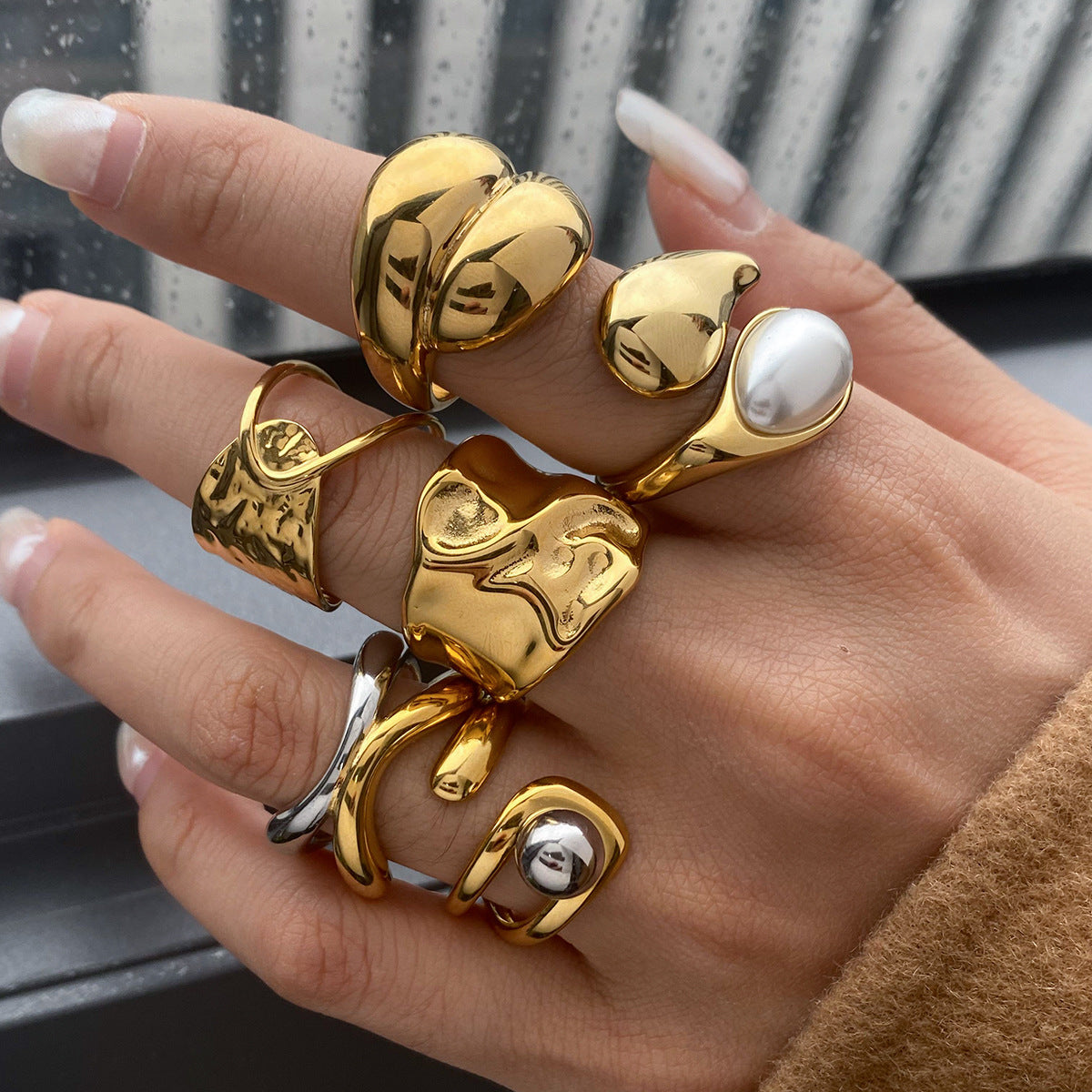 Organic Textured Gold Rings – Pearl & Metal Ball Statement Ring Set for Women