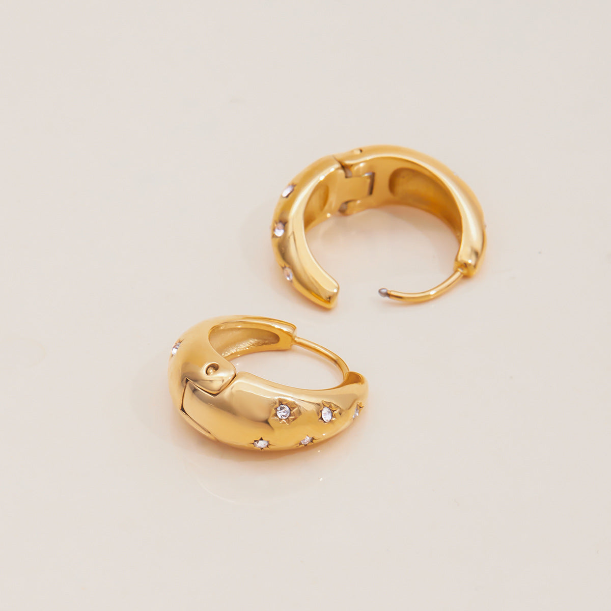 Gold Star Moon Hoops with CZ Gems, Lightweight Stud Earrings for Women Girl Jewelry Gifts