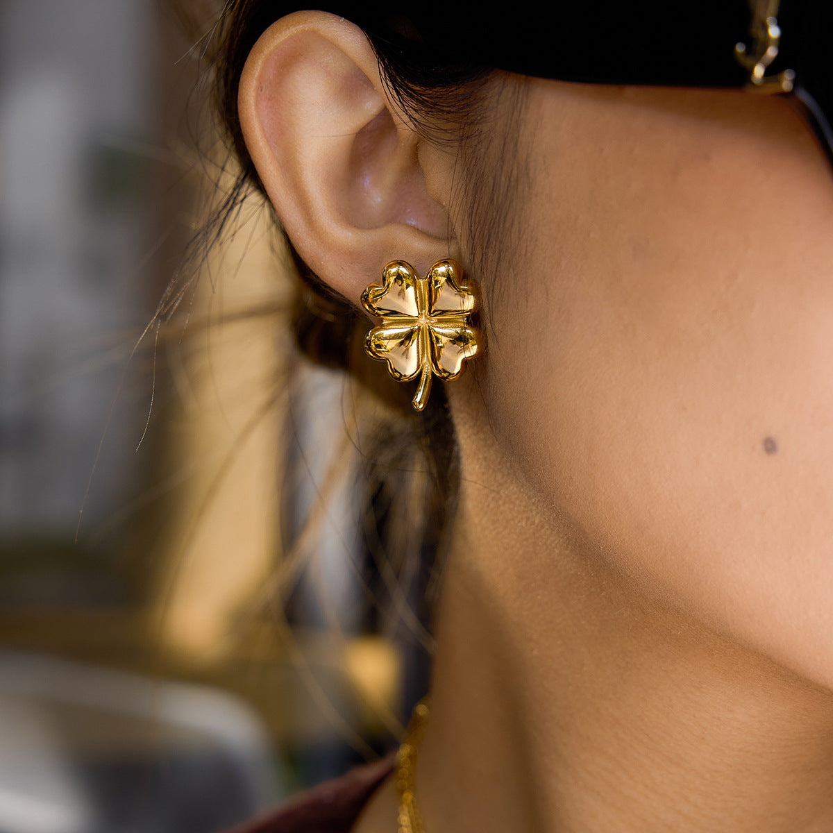 Stainless Steel Four-Leaf Clover Heart Earrings