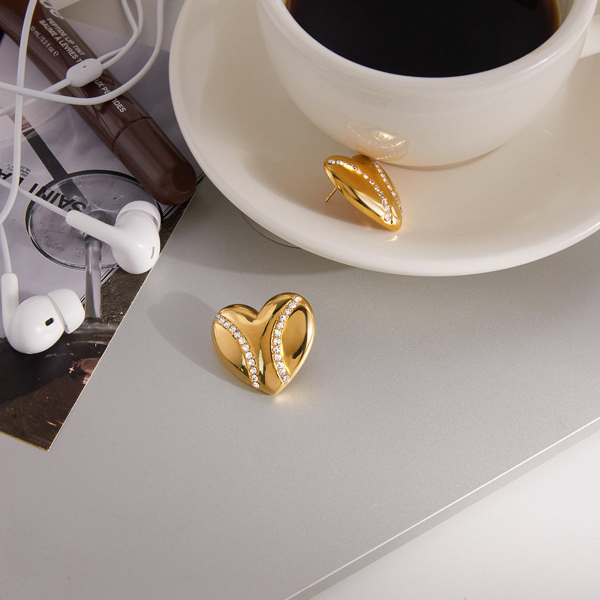 Diamond-accented Stainless Steel Heart Earrings