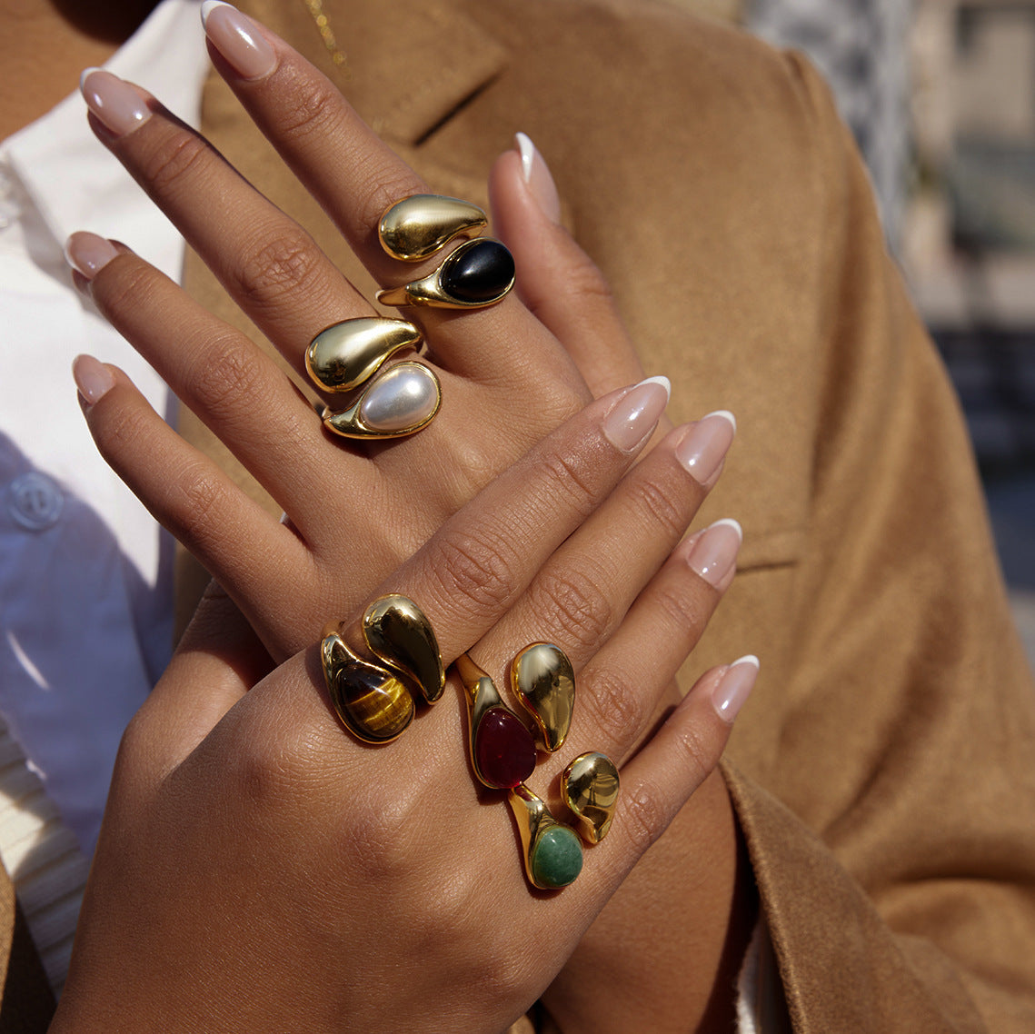 Asymmetric Two-Stone Ring – Green Jade, Mother-of-Pearl Ring for Women