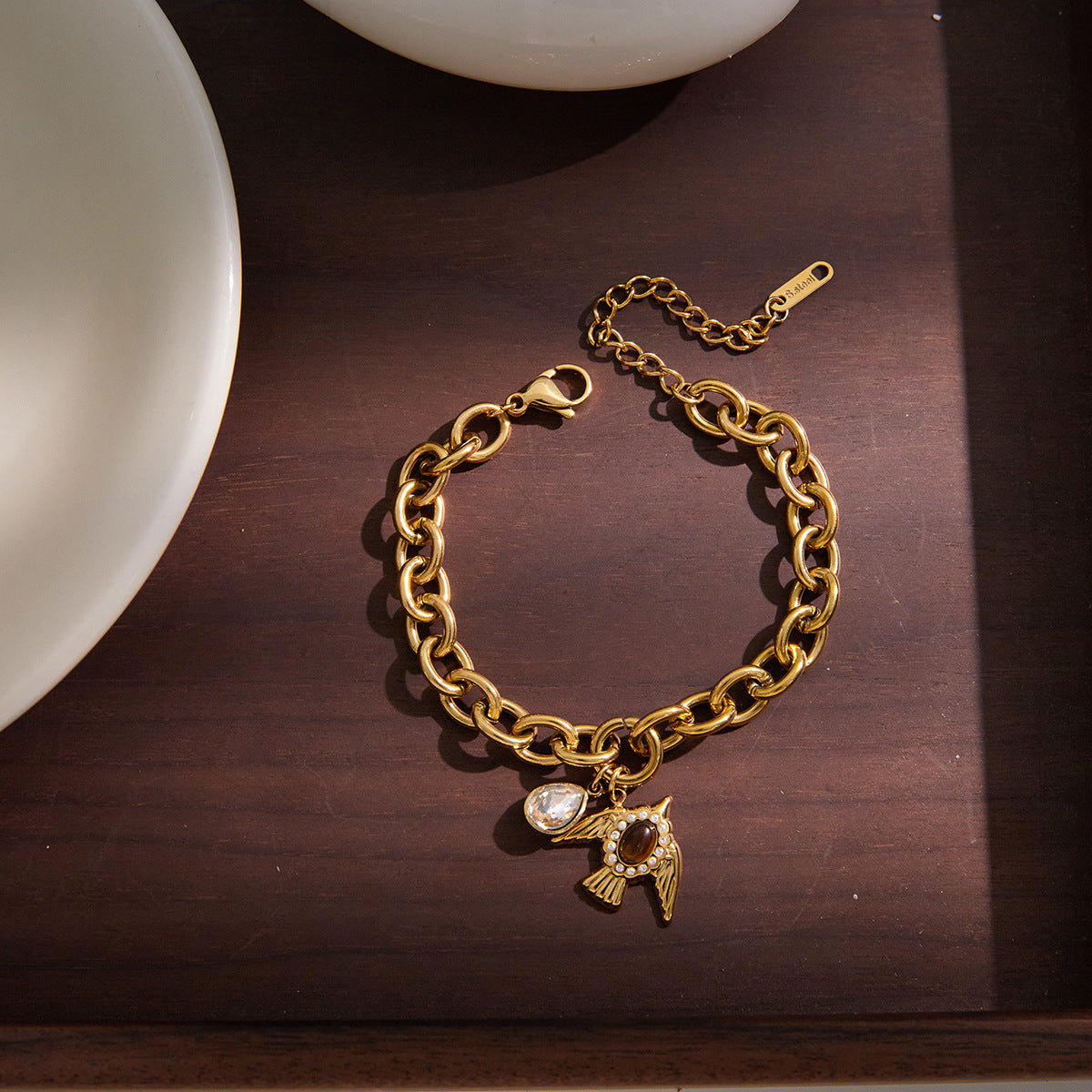 Gold Owl Charm Bracelet – Vintage Chain with Enamel & Crystal Details