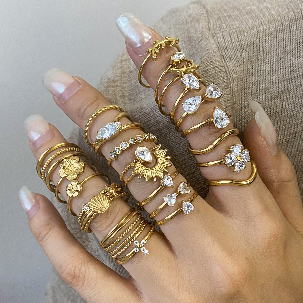 Bohemian Gold Stackable Rings – Mixed Shapes Cubic Zirconia Statement Ring Set for Women