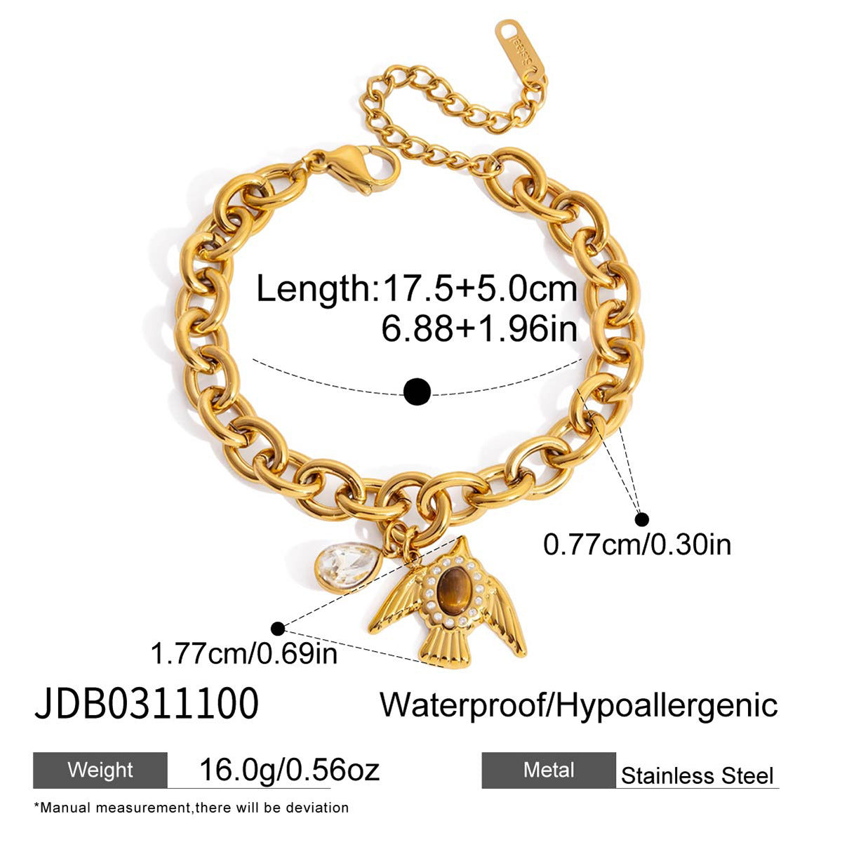 Gold Owl Charm Bracelet – Vintage Chain with Enamel & Crystal Details