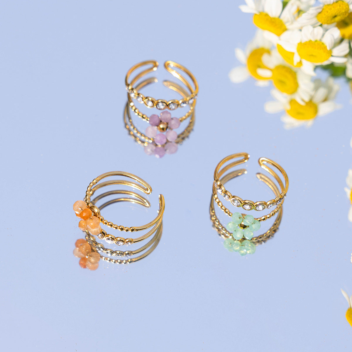 Stainless Steel Crystal Flower Ring