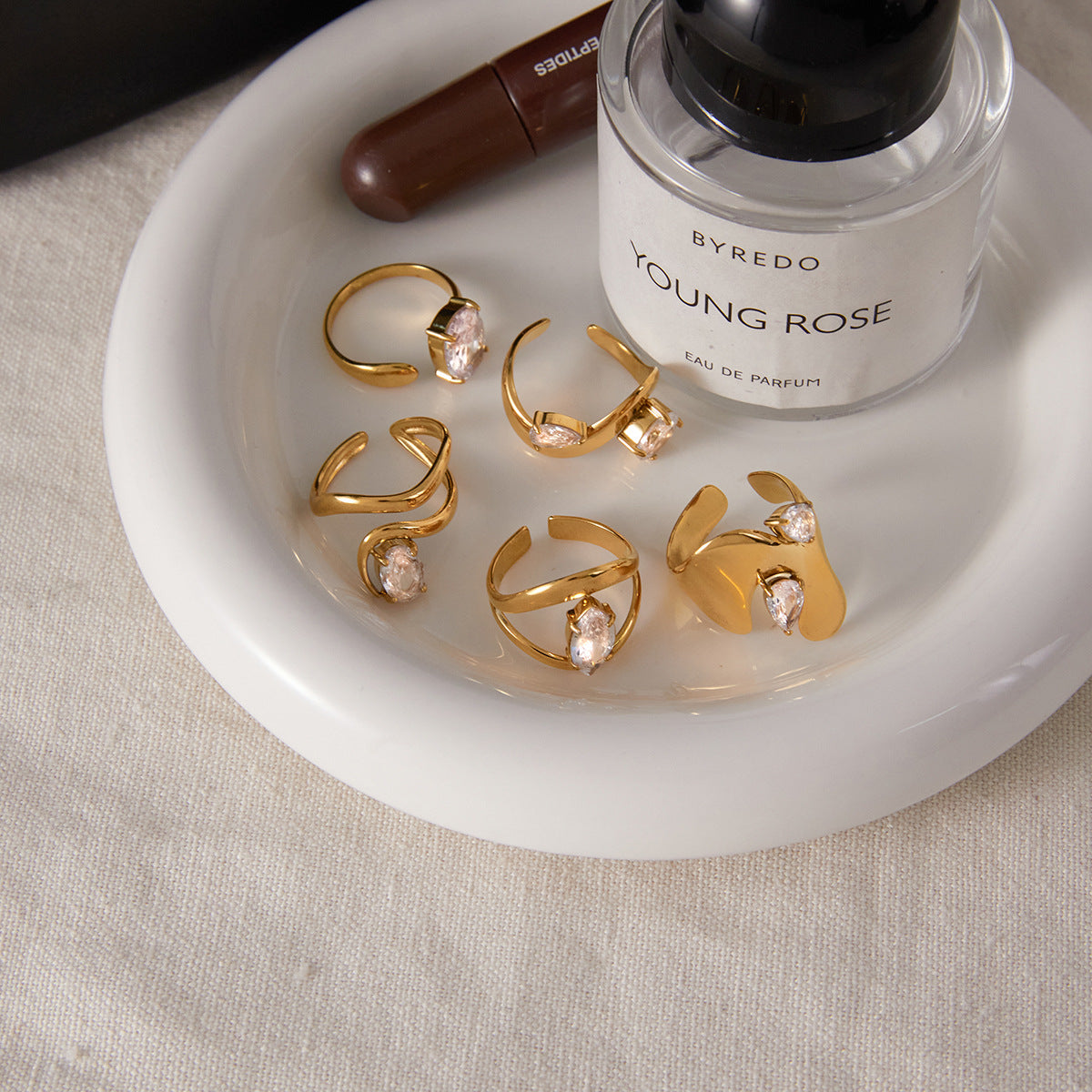 Gold-Tone Stackable Ring Set – Twisted, Snake, Bow Designs with Crystal Accents