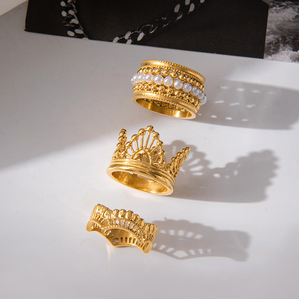 Vintage Stackable Rings – Baroque Crown, Pearl & Lace Design, Statement Finger Rings for Women