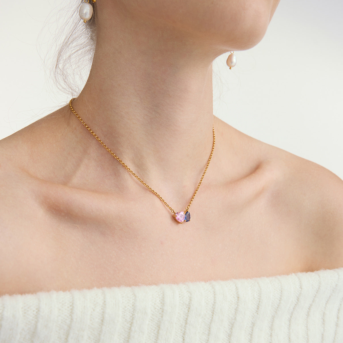 Gold - plated Necklace with Pink and Blue Heart - shaped Pendants