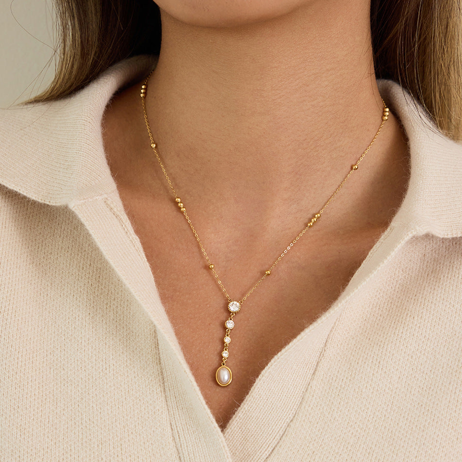 Elegant Gold - tone Y - shaped Necklace with Pearl and Crystal Drop