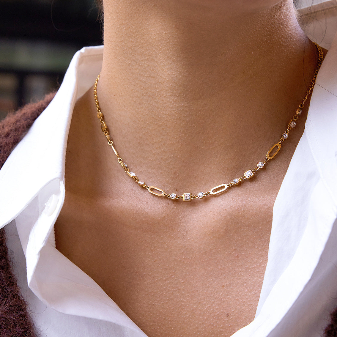 Layered Choker Necklace with Cubic Zirconia - Dangling Chain Jewelry for Women