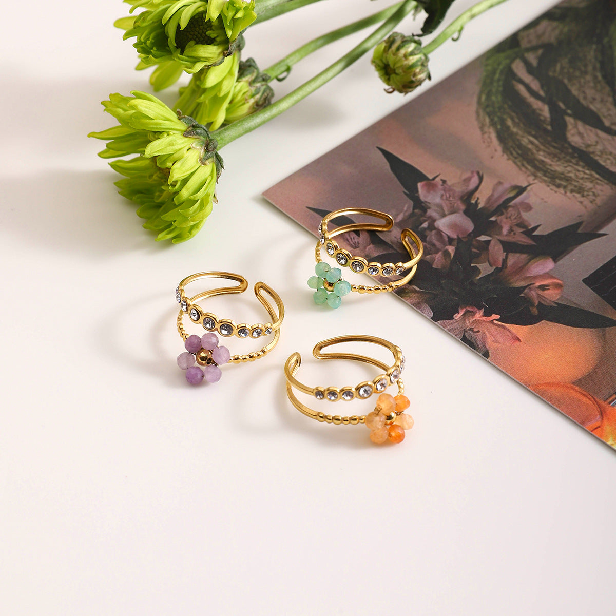 Stainless Steel Crystal Flower Ring