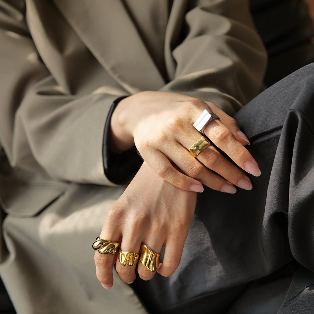 Gold & Silver Stackable Rings – Wide Textured Band, Wave Ring & Geometric Square Ring for Women