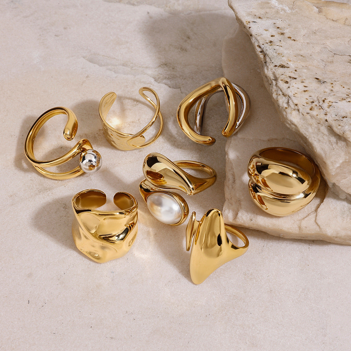 Organic Textured Gold Rings – Pearl & Metal Ball Statement Ring Set for Women