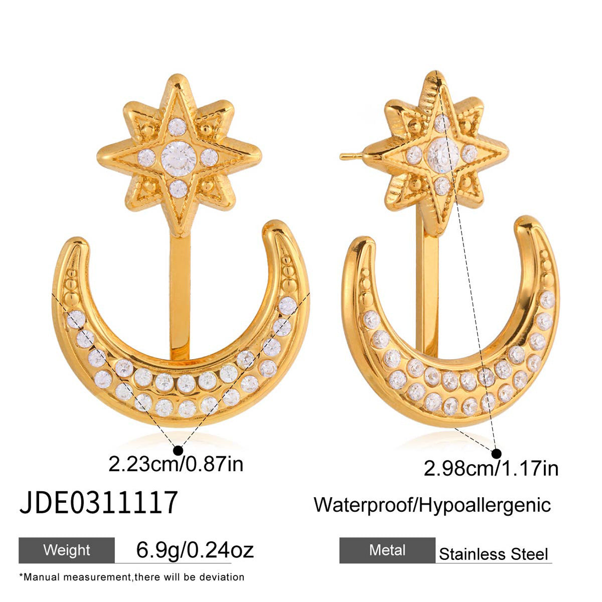 Star & Moon Stainless Steel Zircon Earrings