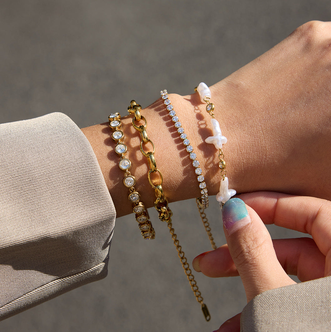 Layered Pearl and CZ Bracelet Set - Gold - Tone Jewelry for Women