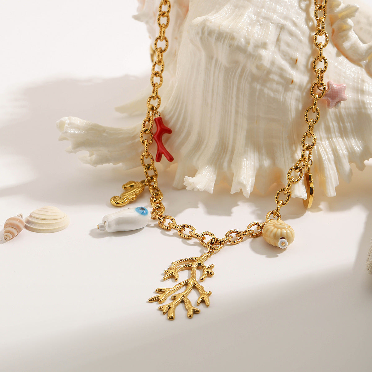 Vacation-style Pendant Necklace with Sea Turtle, Conch Shell, Dolphin, Crab, and Seahorse