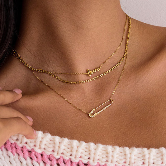 Dainty Gold - Filled Safety Pin Necklace with Cubic Zirconia