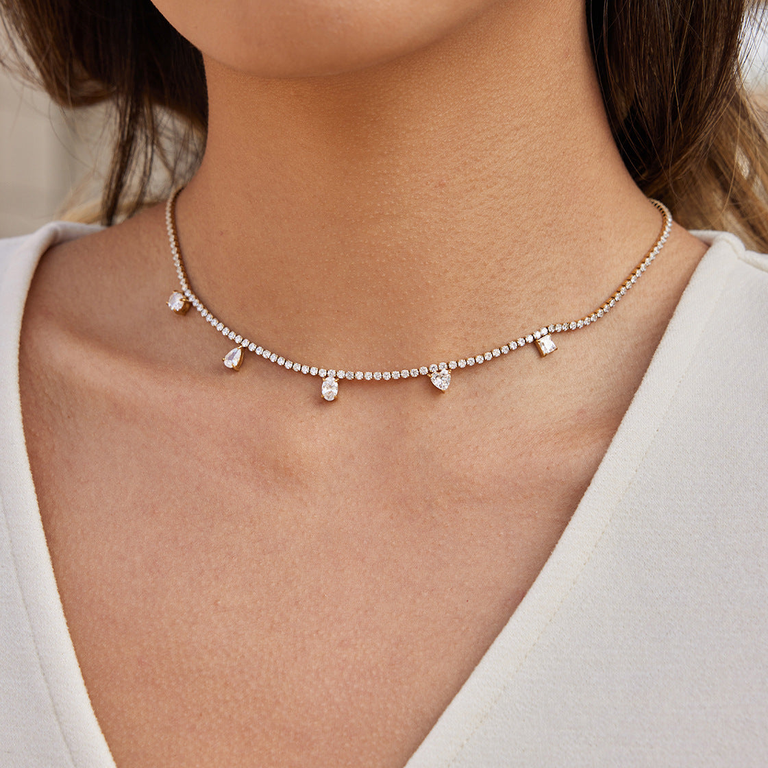 Layered Gold - Tone Necklaces with Crystal Drops