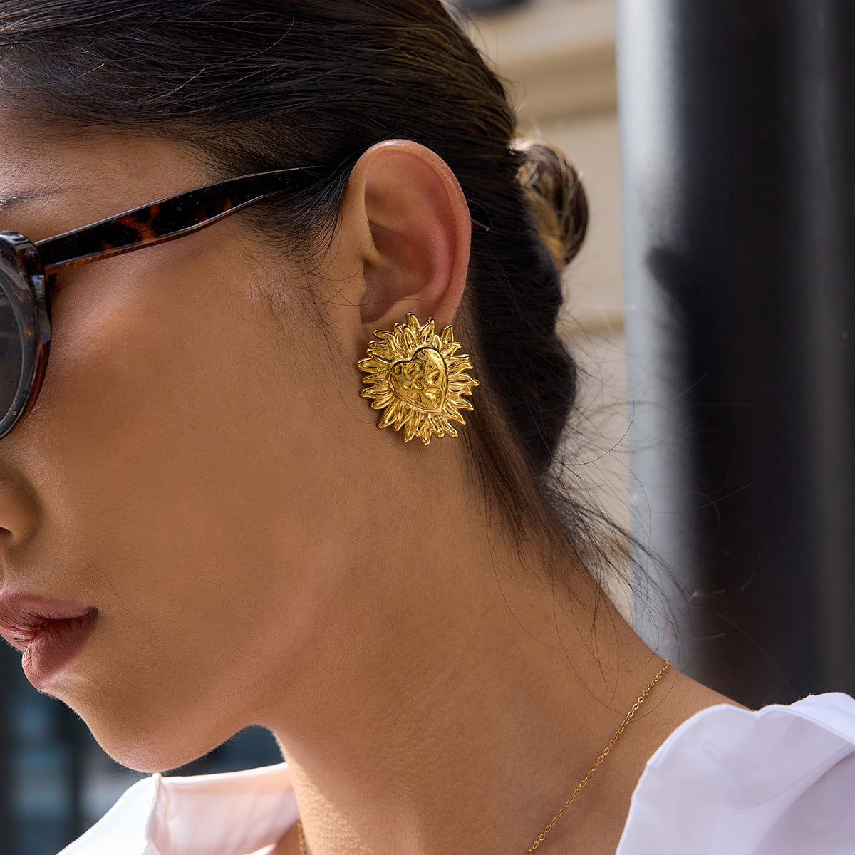 Golden Sun - heart Shaped Stud Earrings