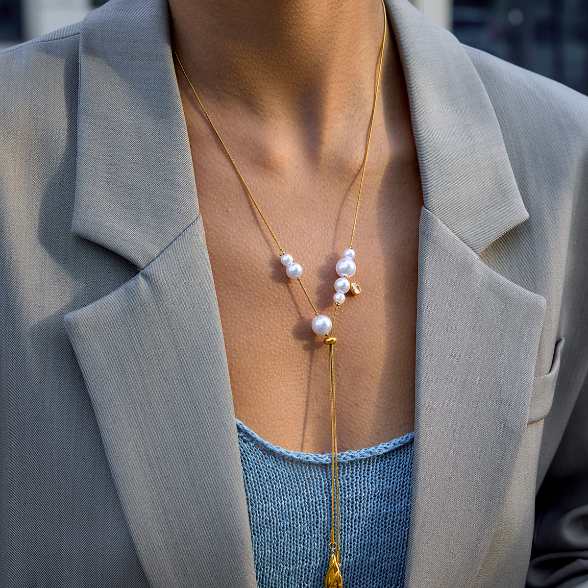 Elegant Pearl and Gold - Tone Y - Necklace for Women