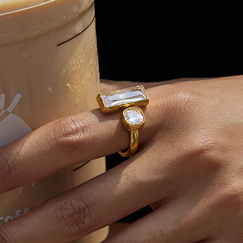 Vintage Two-Stone Ring – Rectangle Cut Crystal & Oval Milky Gemstone, Adjustable Open Band Boho Statement Ring for Women